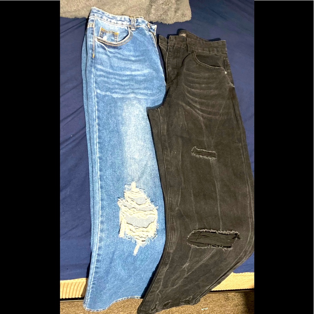 Washed Blue & Black Ripped Boyfriend Jeans
